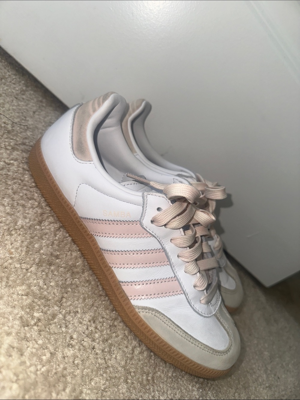 adidas Samba White Sneakers with Light Pink Stripes and Gum Sole Women’s 8.5